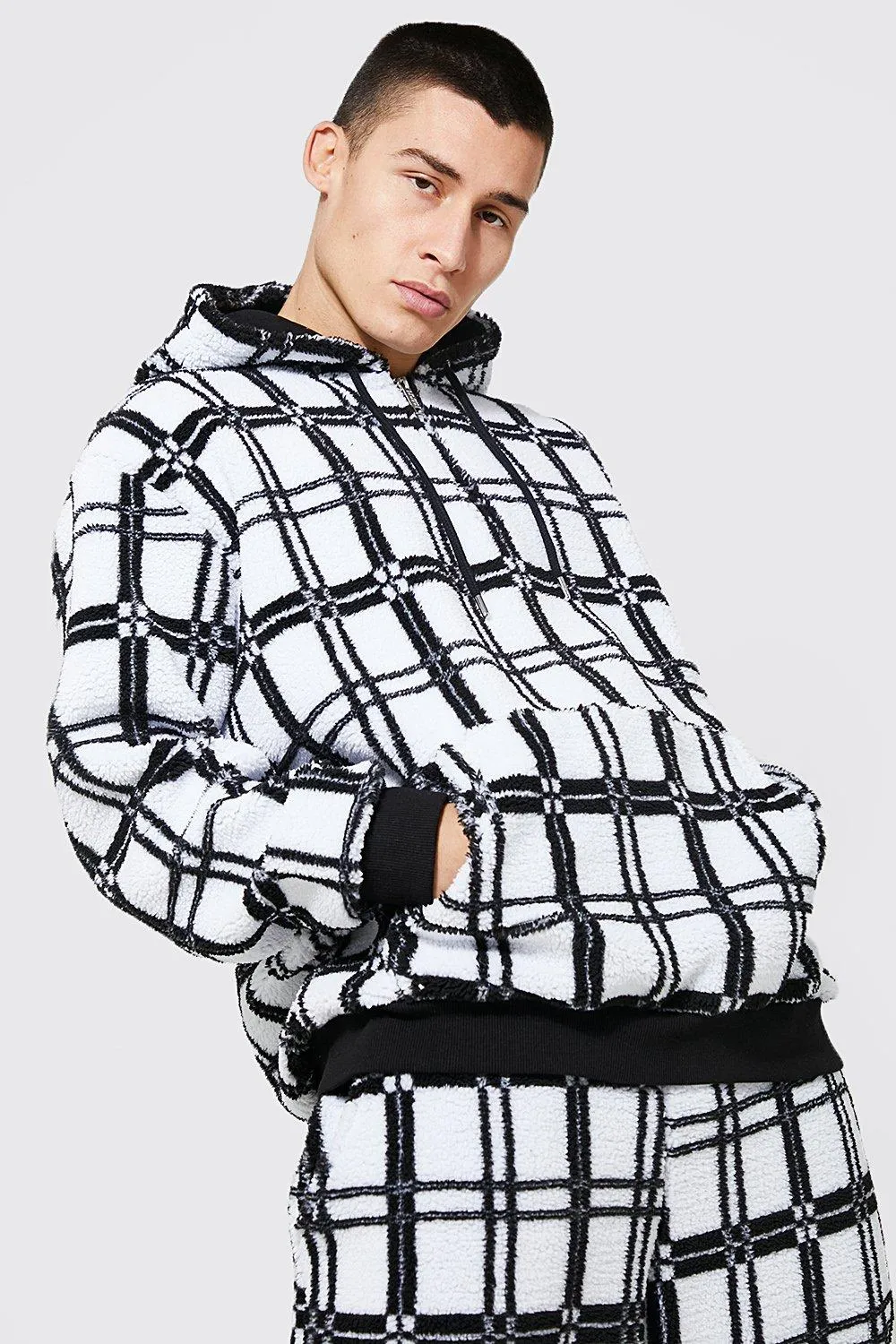 Oversized Check Print Borg Zip Neck Hoodie | boohooMAN UK