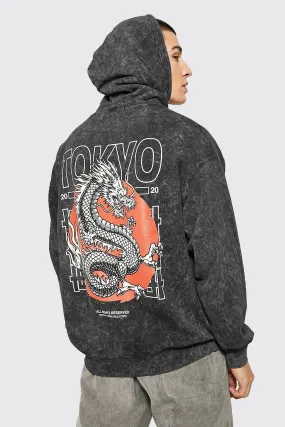 Oversized Dragon Back Print Acid Wash Hoodie | boohooMAN UK