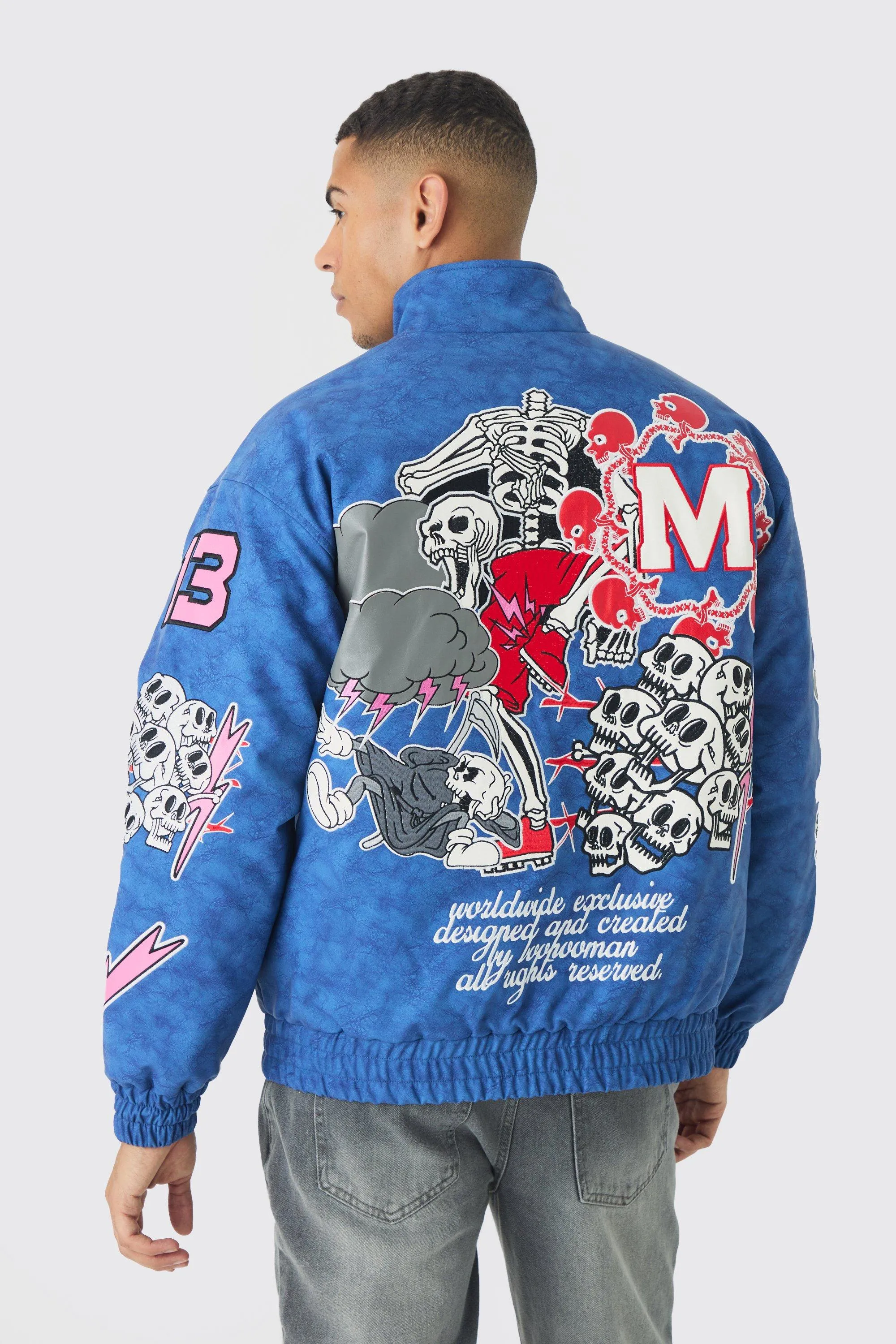 Oversized Graphic Badge Washed PU Bomber Jacket In Blue