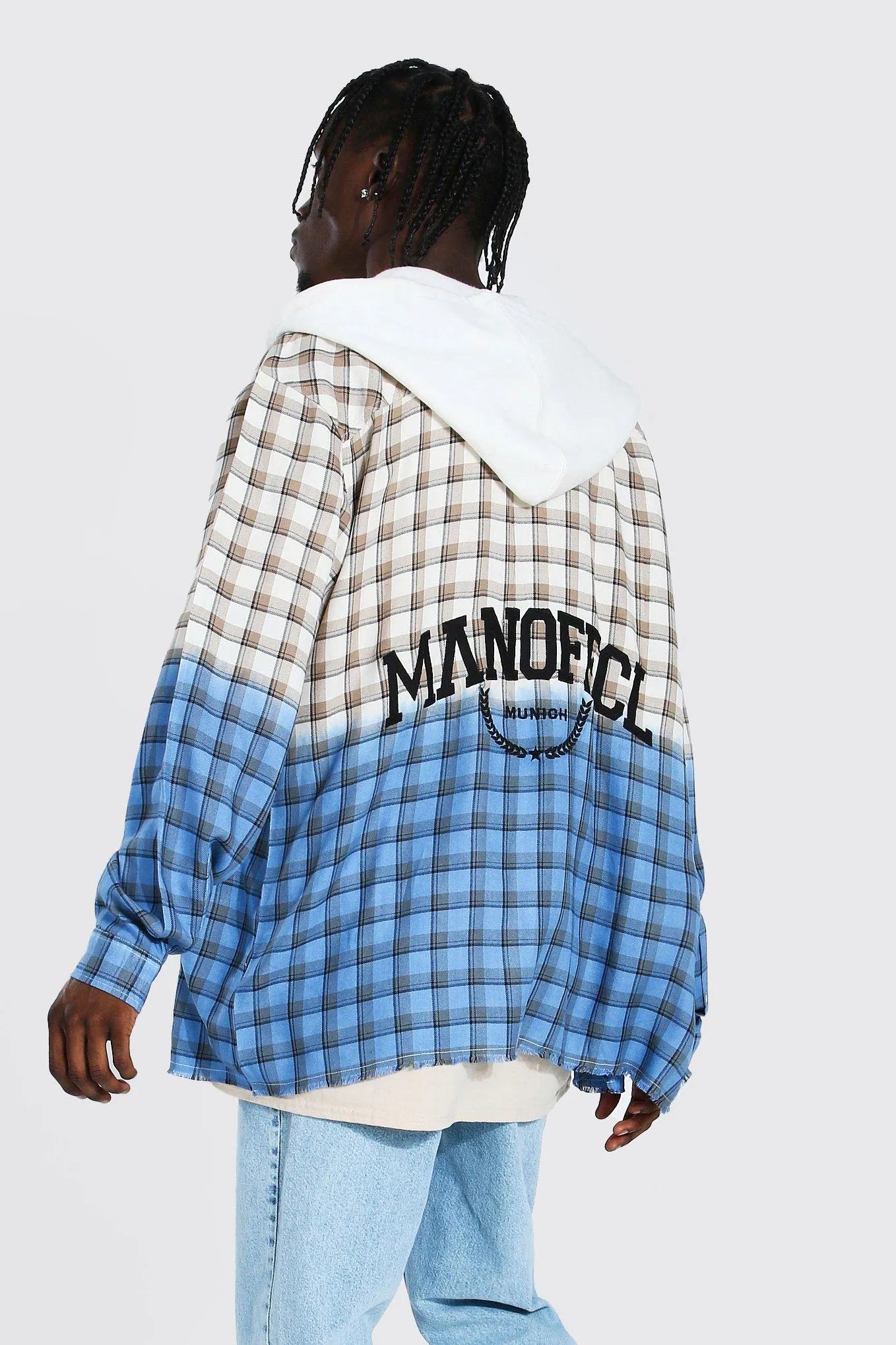 Oversized Hooded Back Print Ombre Check Shirt | boohooMAN UK