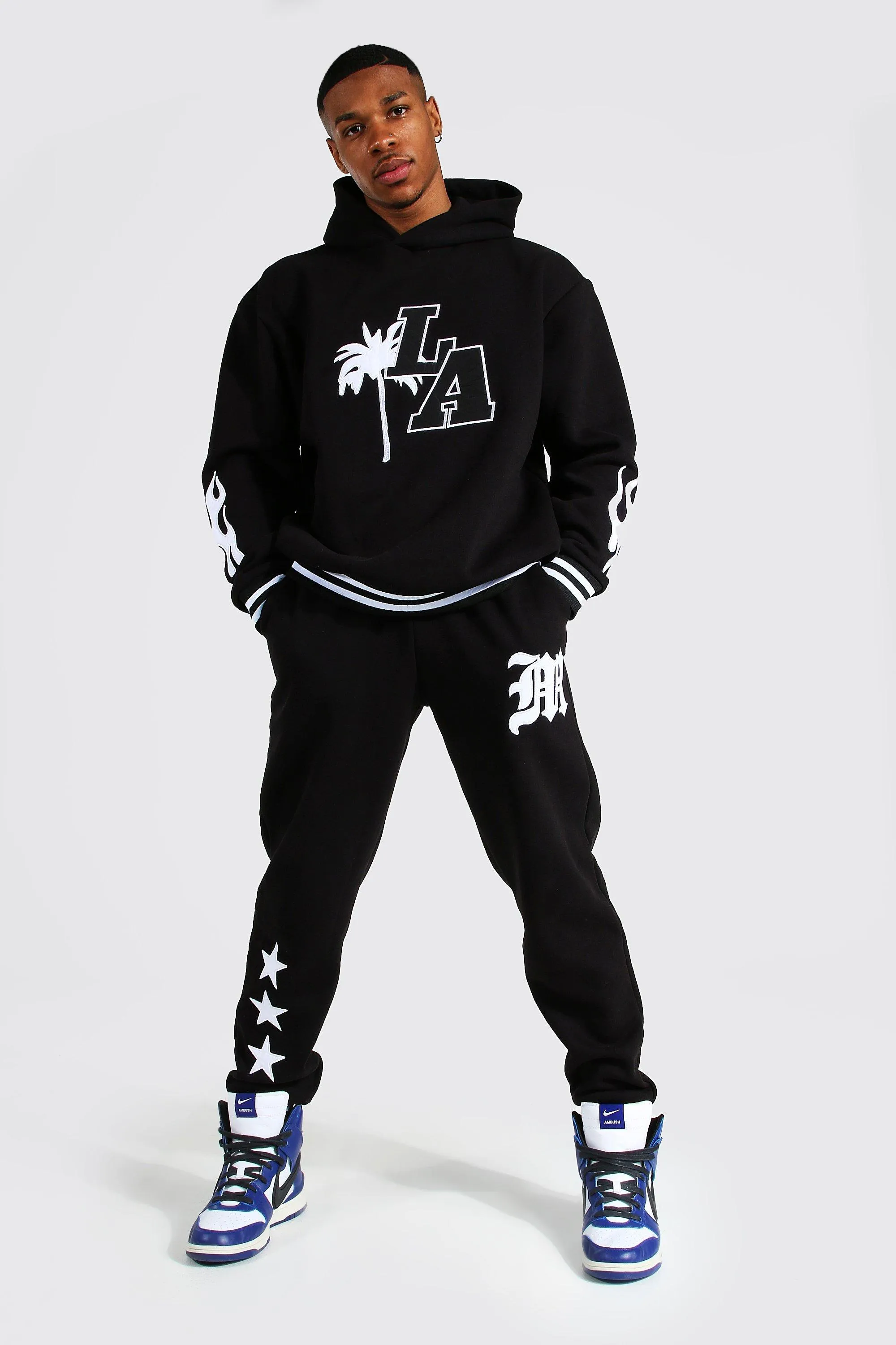 Oversized La Varsity Badge Hooded Tracksuit | boohooMAN UK