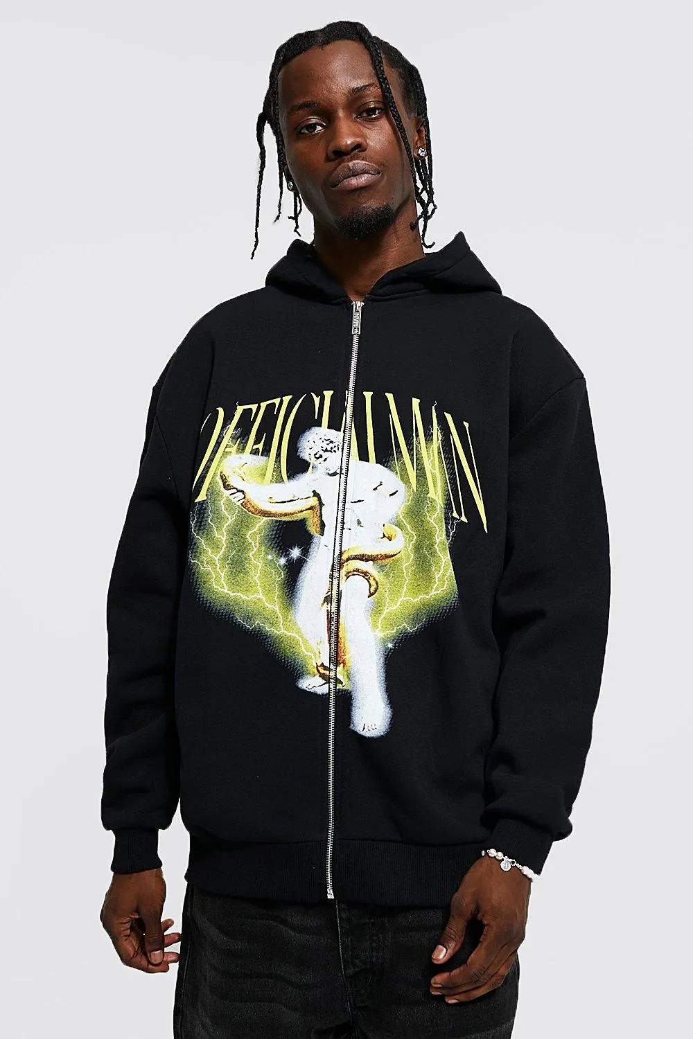 Oversized Man Statue Graphic Zip Thru Hoodie | boohooMAN UK