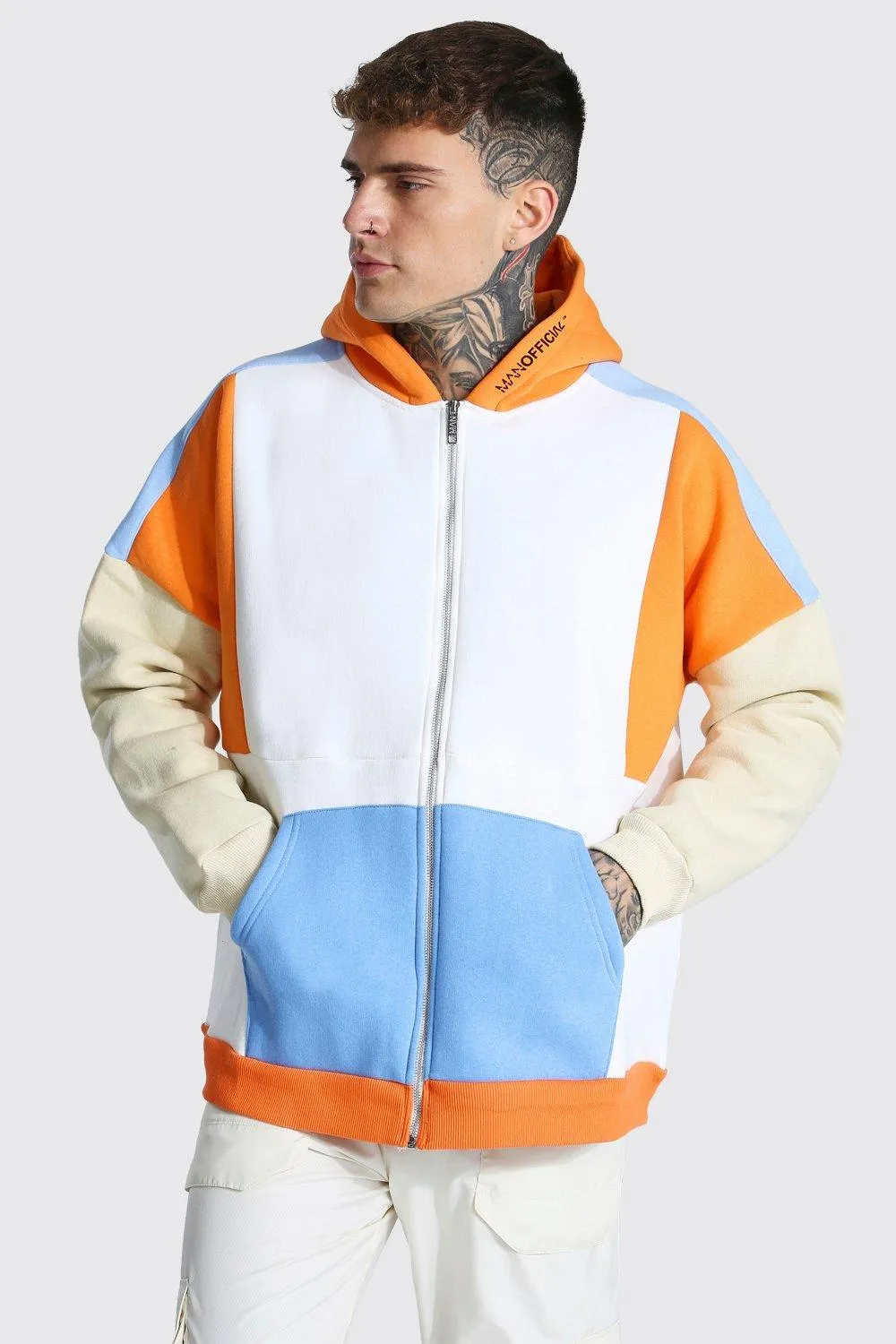 Oversized Man Zip Through Colour Block Hoodie | boohooMAN UK