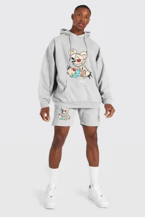 Oversized Teddy Graphic Hoodie And Short Set | boohooMAN UK