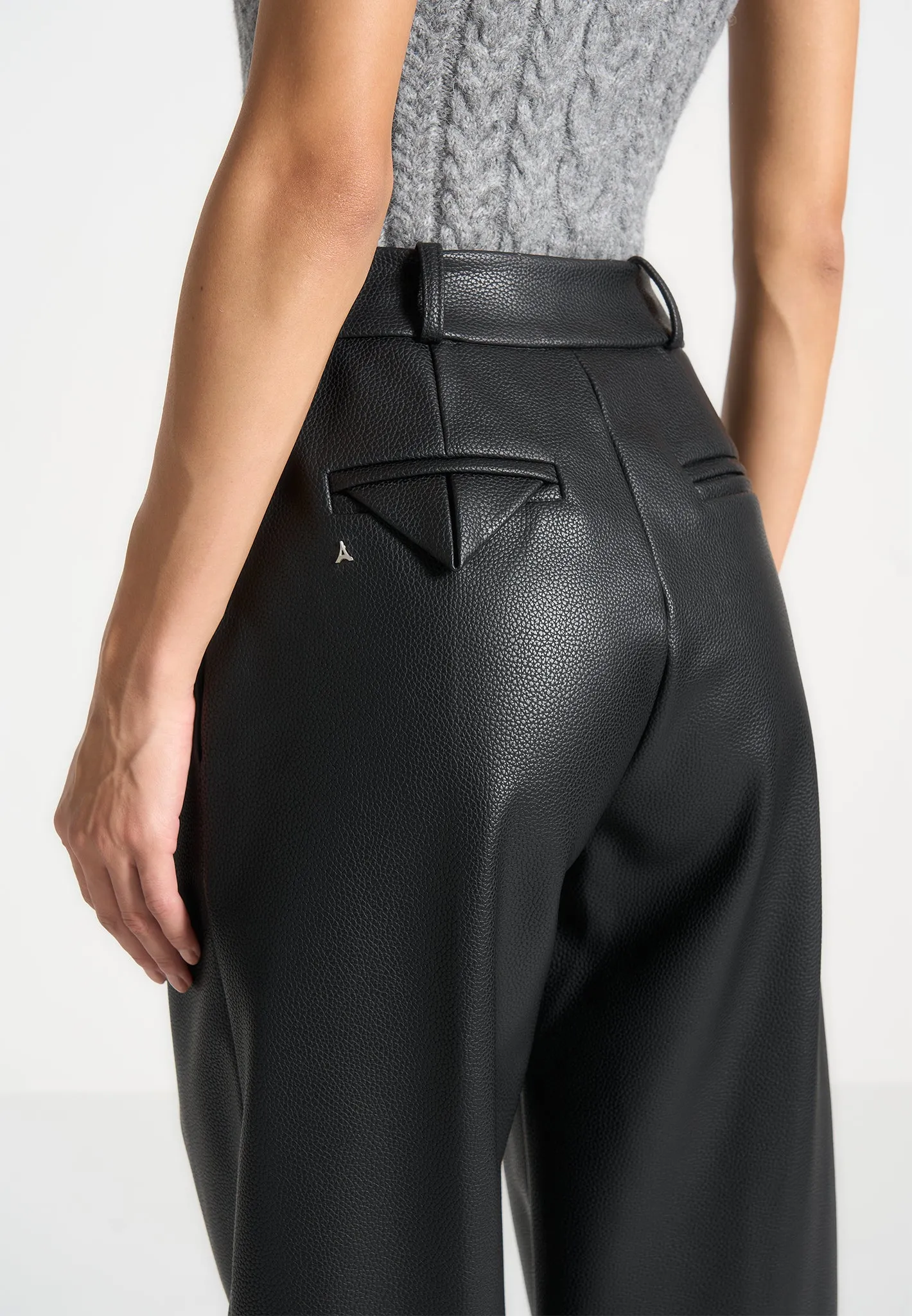 Pebbled Leather Pleated Stacked Trousers - Black