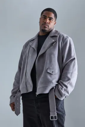 Plus Faux Suede Belted Biker Jacket | boohooMAN UK