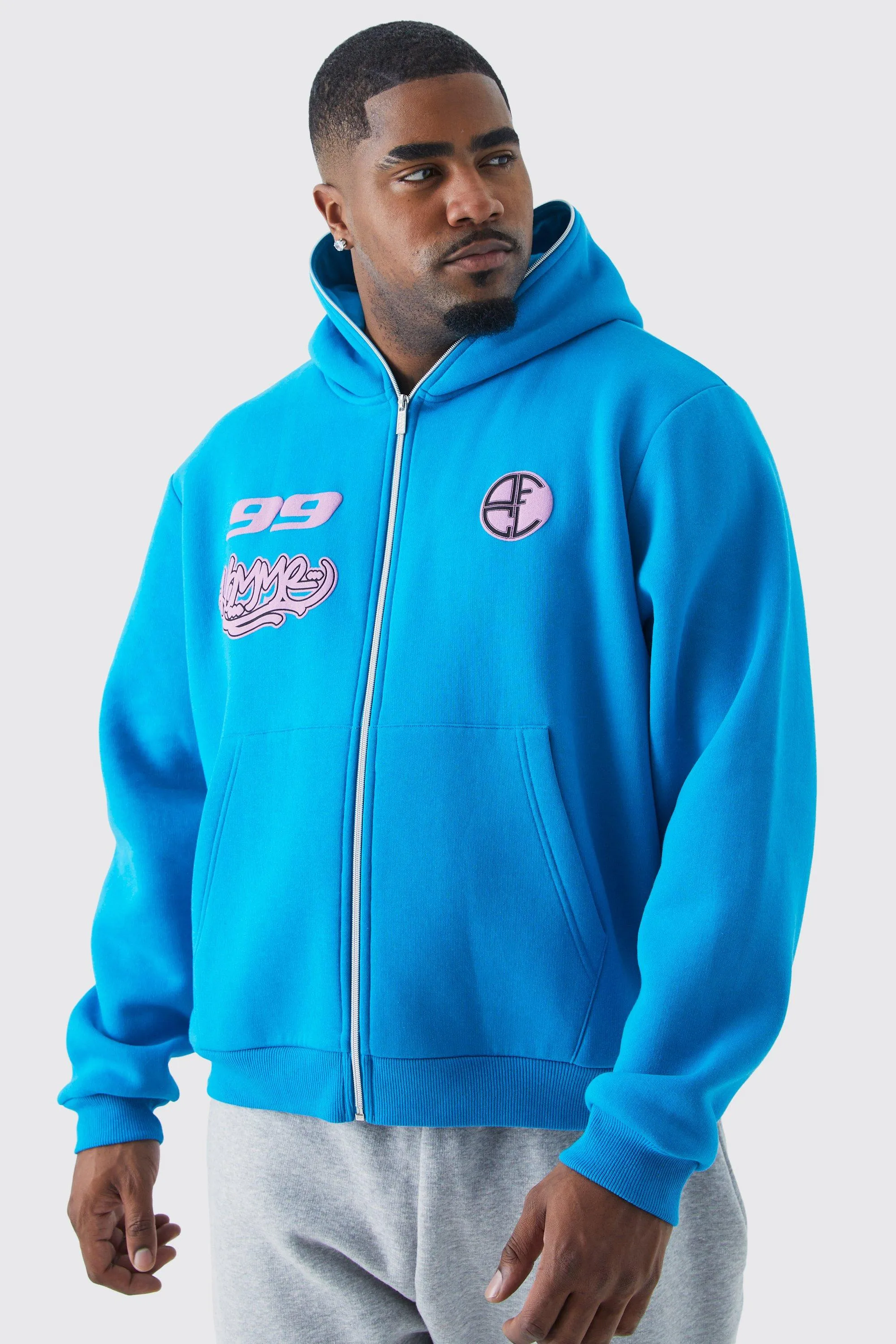 Plus Homme Graffiti Boxy Zip Through Hoodie | boohooMAN UK