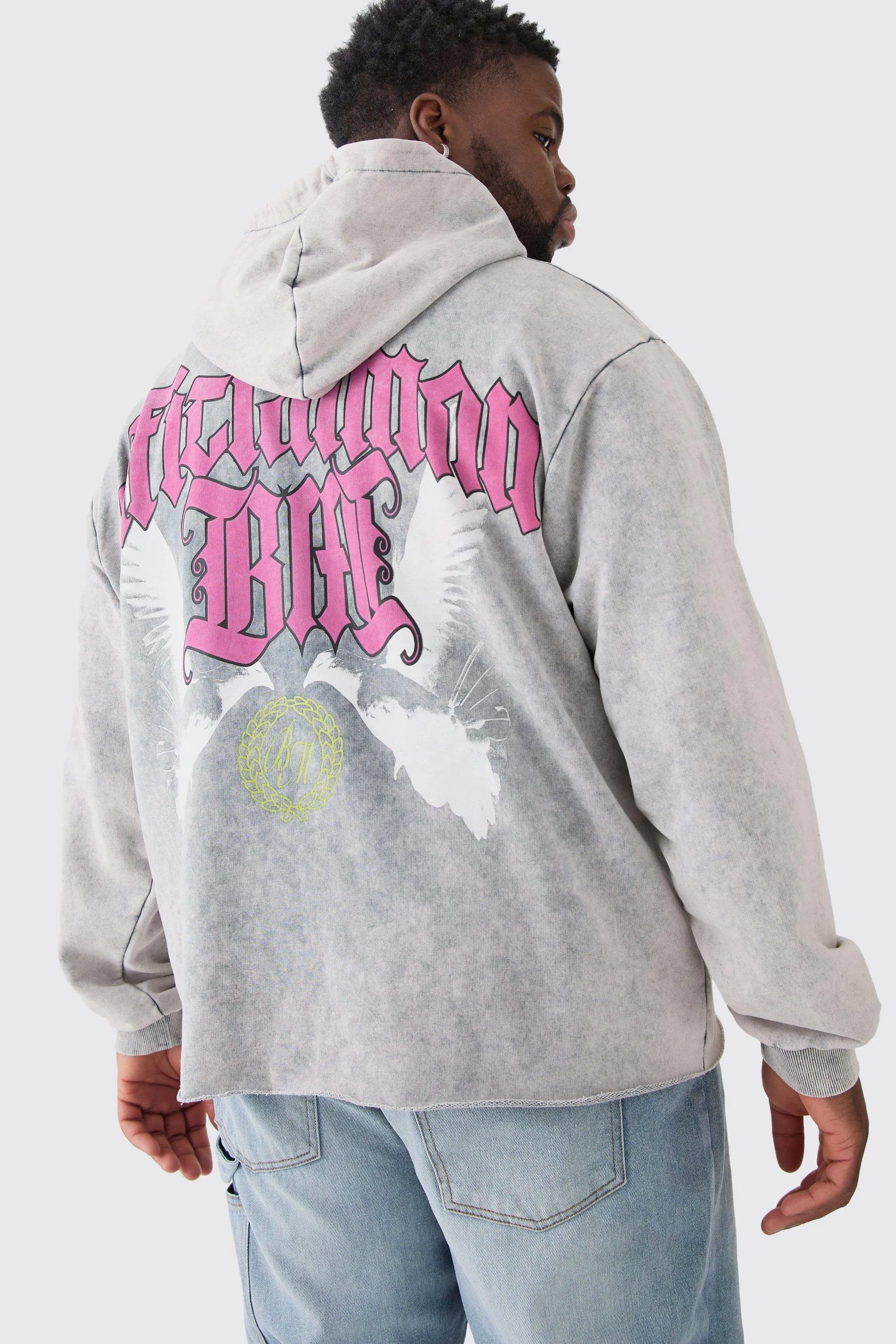 Plus Oversized Boxy Acid Wash Dove Graphic Hoodie | boohooMAN UK