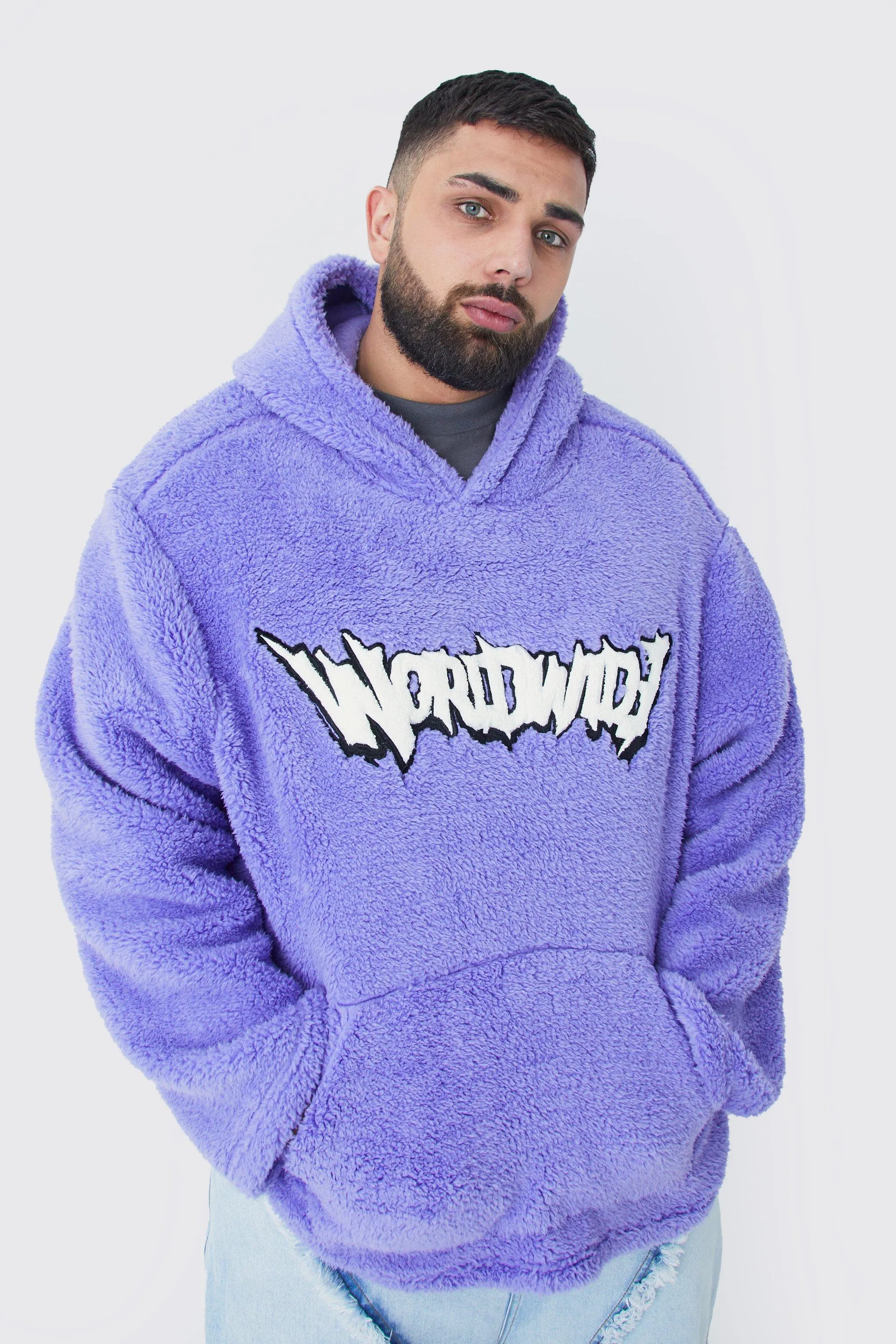 Plus Oversized Boxy Boucle Borg Applique Hoodie | boohooMAN UK