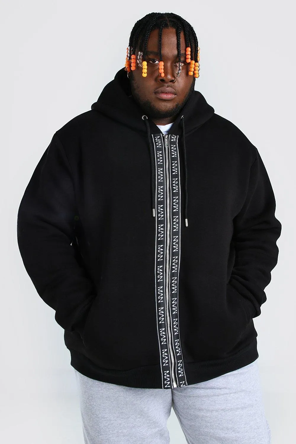 Plus Size MAN Dash Zip Through Tape Hoodie | boohooMAN UK