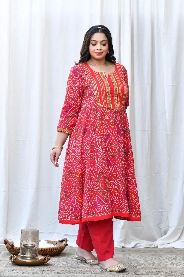 Red Bandhej Anarkali Kurta