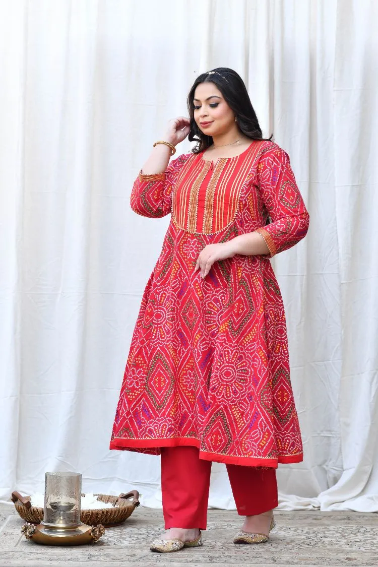 Red Bandhej Anarkali Kurta