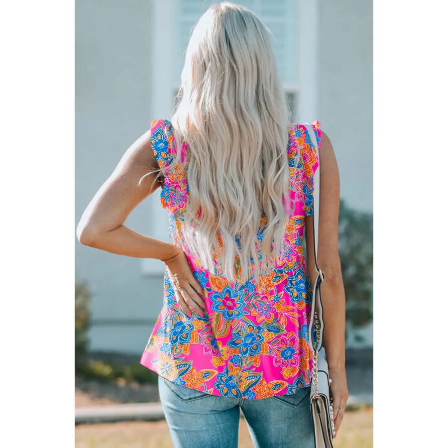 Ruffled Printed V-Neck Tank