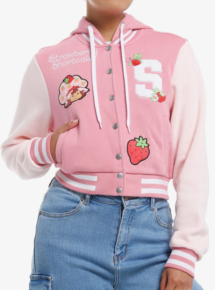 Strawberry Shortcake Pink Hooded Girls Varsity Jacket