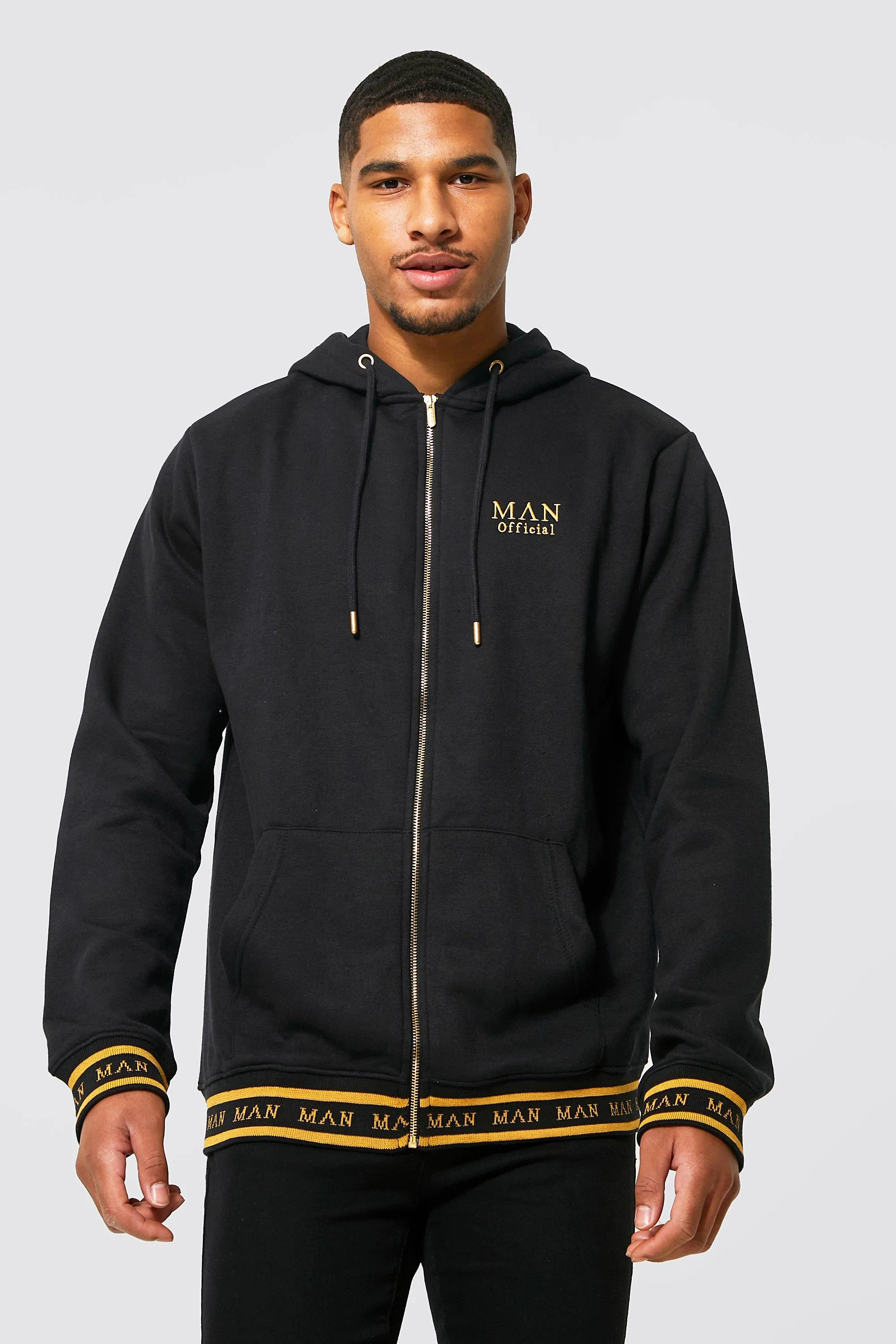 Tall Man Gold Zip Hoodie With Intarsia Hem | boohooMAN UK