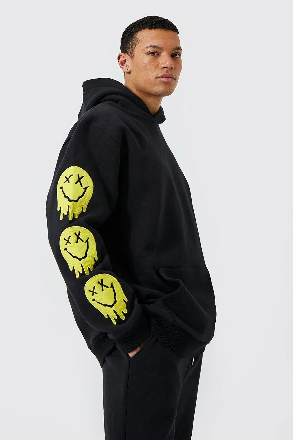 Tall Oversized Applique Badge Sleeve Hoodie | boohooMAN UK