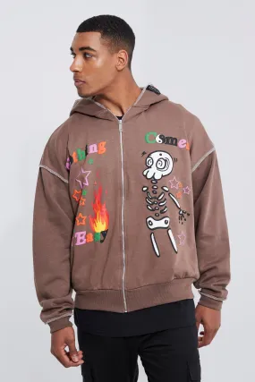 Tall Oversized Boxy Zip Thru Skeleton Hoodie | boohooMAN UK