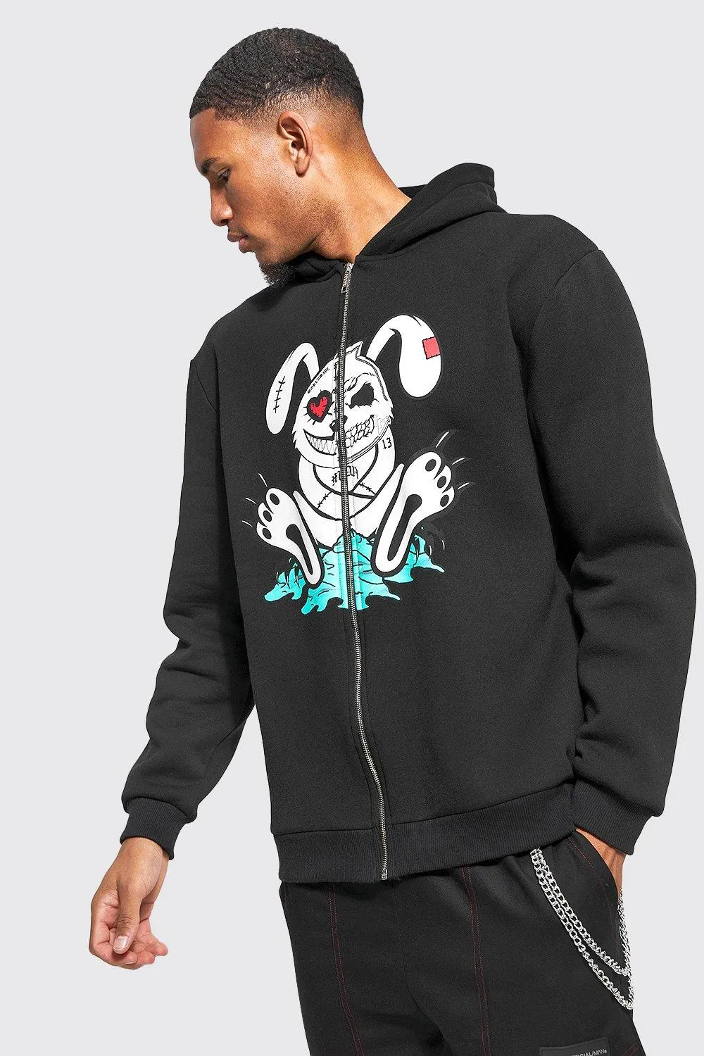 Tall Oversized Evil Bunny Zip Through Hoodie | boohooMAN UK