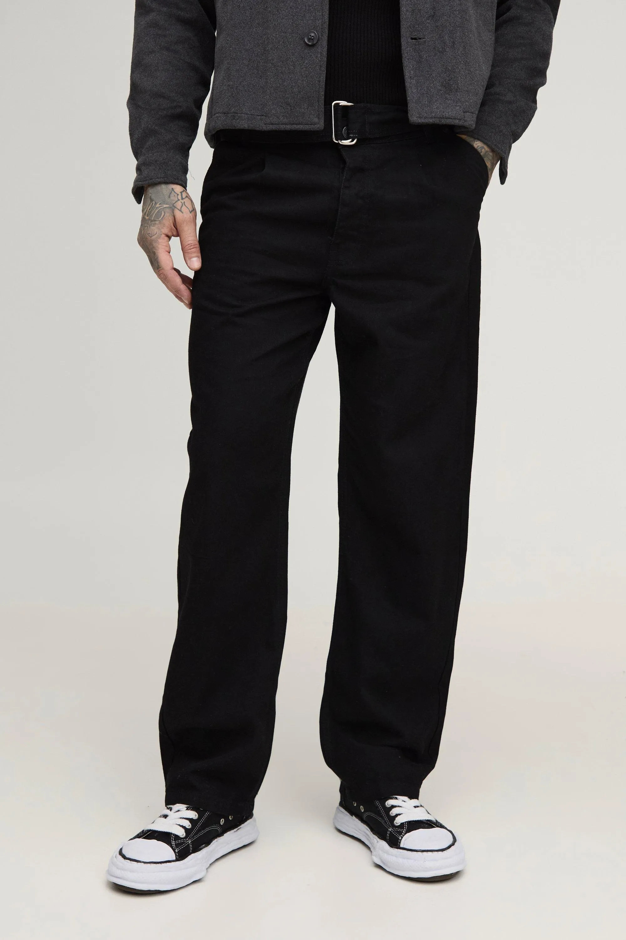 Tall Relaxed Fit Belted Trousers in Black