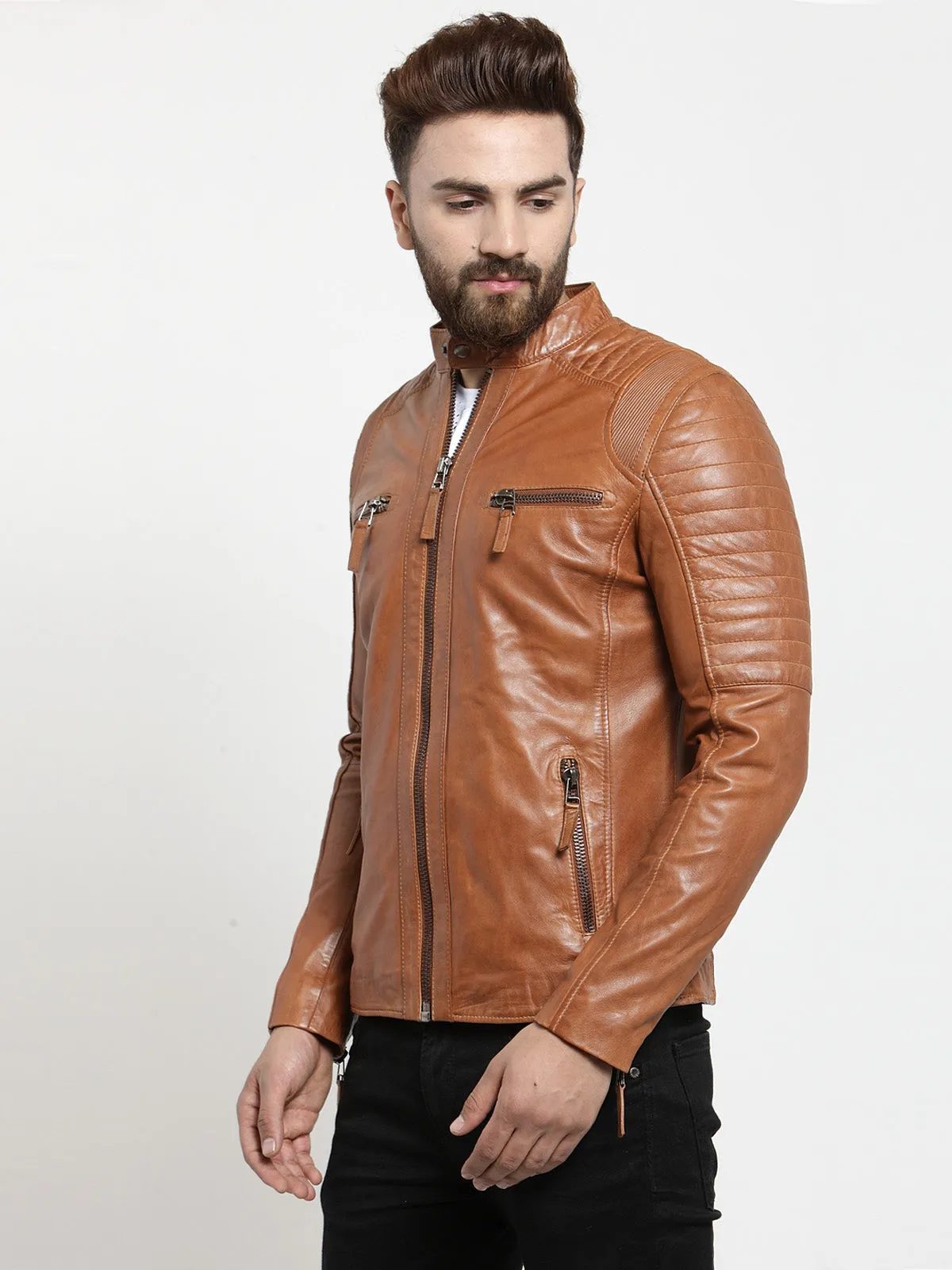 Teakwood Leathers Beige/Dark Mustard Men's 100% Genuine Leather Jacket