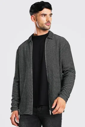 Textured Knitted Zip Through Harrington Jacket | boohooMAN UK