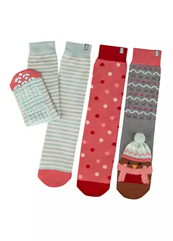 Totes Ladies Pack of 3 Original Christmas Robin Slipper Socks