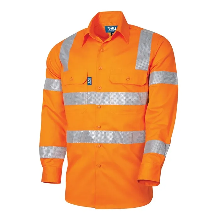 TRU WORKWEAR Ladies Lightweight Vented Hi Vis [ORANGE] 100% Cotton Drill Shirt with VIC Rail Compliant Reflective Tape and Horiz