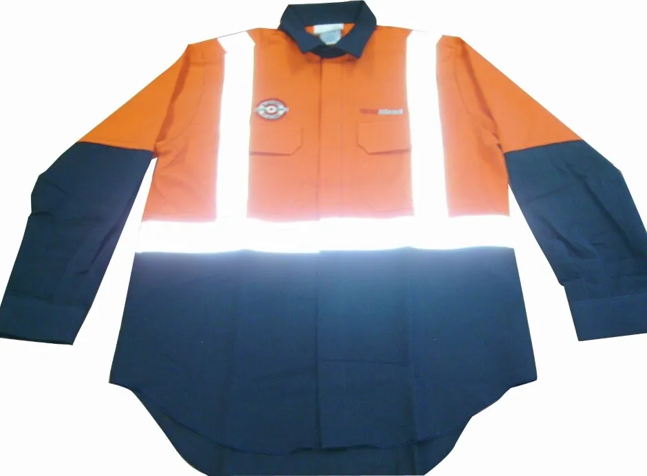 Tuffa Workwear Shirt with Reflective Tape - Long Sleeve - Style S301 Indura Ultrasoft - Hi-Vis Navy/Orange - Small - SHTLL83 - T