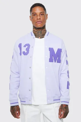 Varsity Raw Edge Applique Badge Jersey Bomber