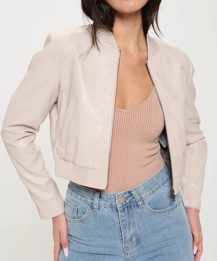 Vegan Leather Bomber Jacket - Cream