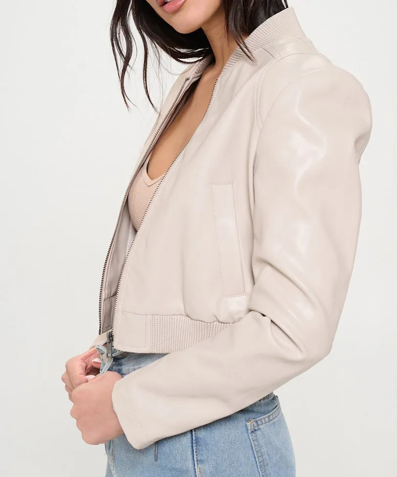 Vegan Leather Bomber Jacket - Cream