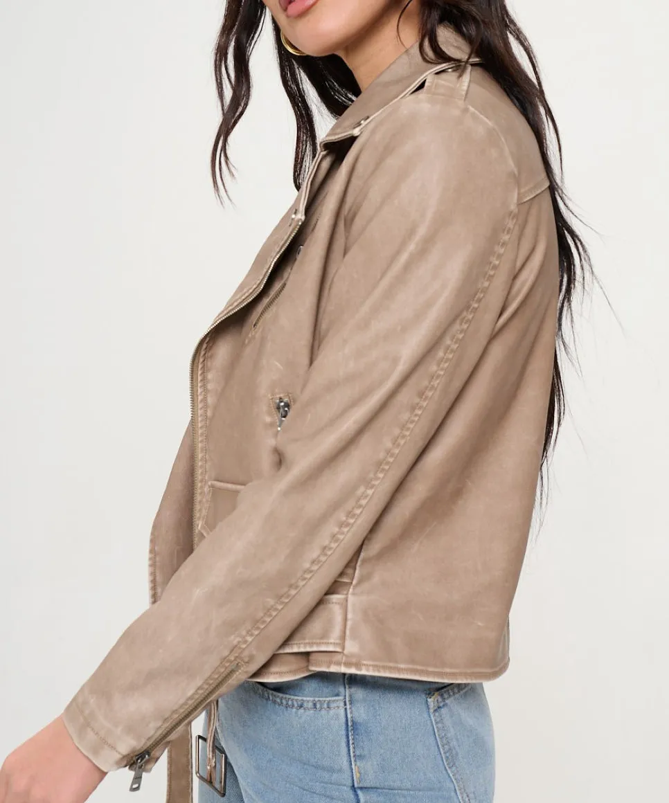 Vegan Leather Moto Jacket - Khaki