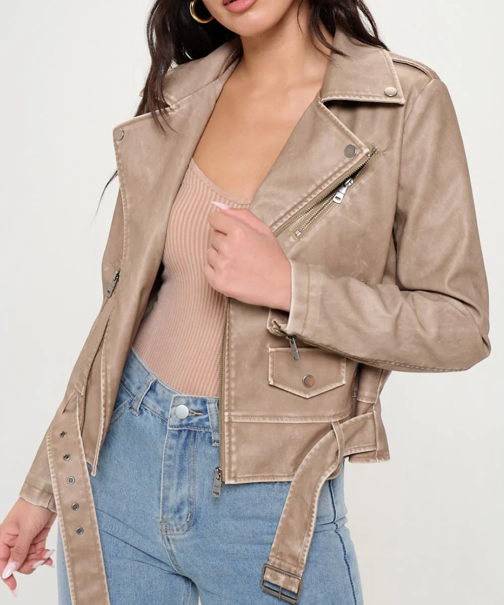 Vegan Leather Moto Jacket - Khaki