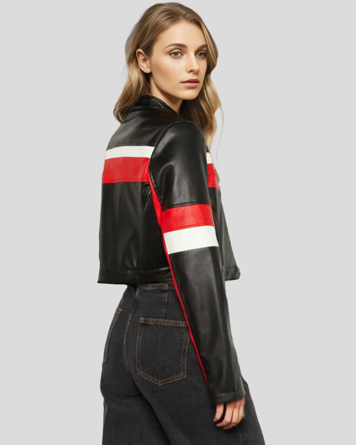 Velocity Racer Black Crop Moto Leather Jacket with Red and White Stripes