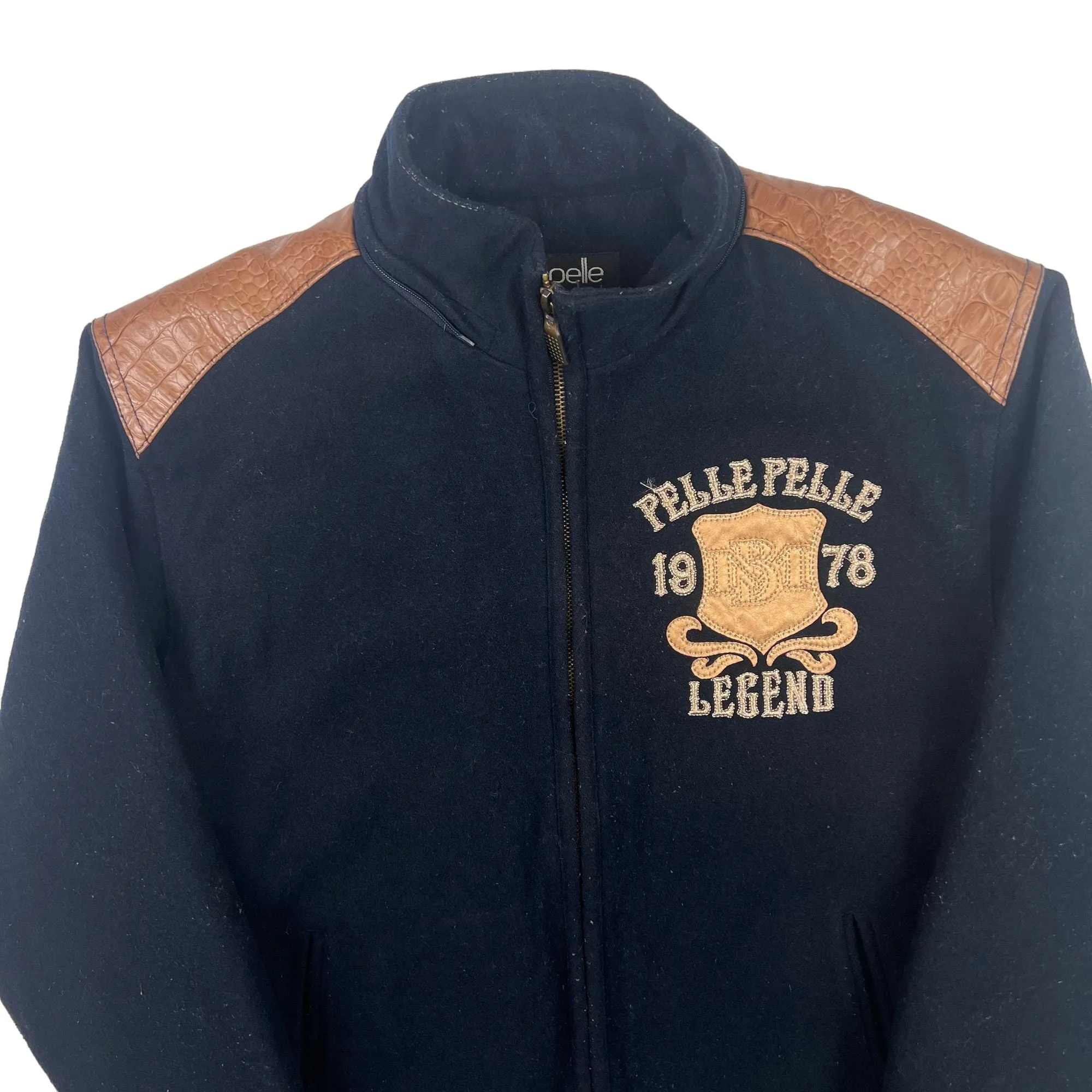 Vintage Pelle Pelle The One The Only Legend Leather Detail Varsity Jacket Navy