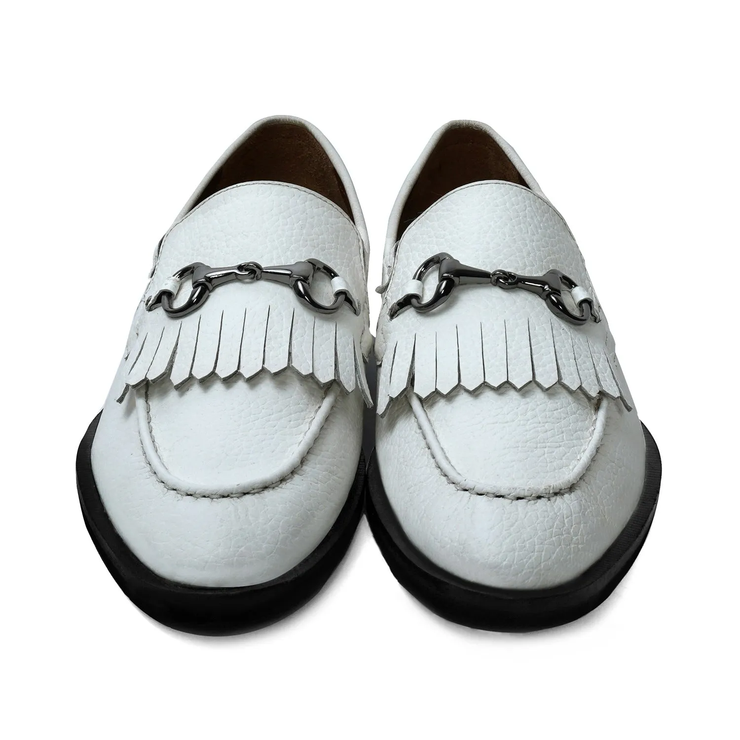 White Slip-On Shoes with Fringes & Horse-Bit Buckle Detailing