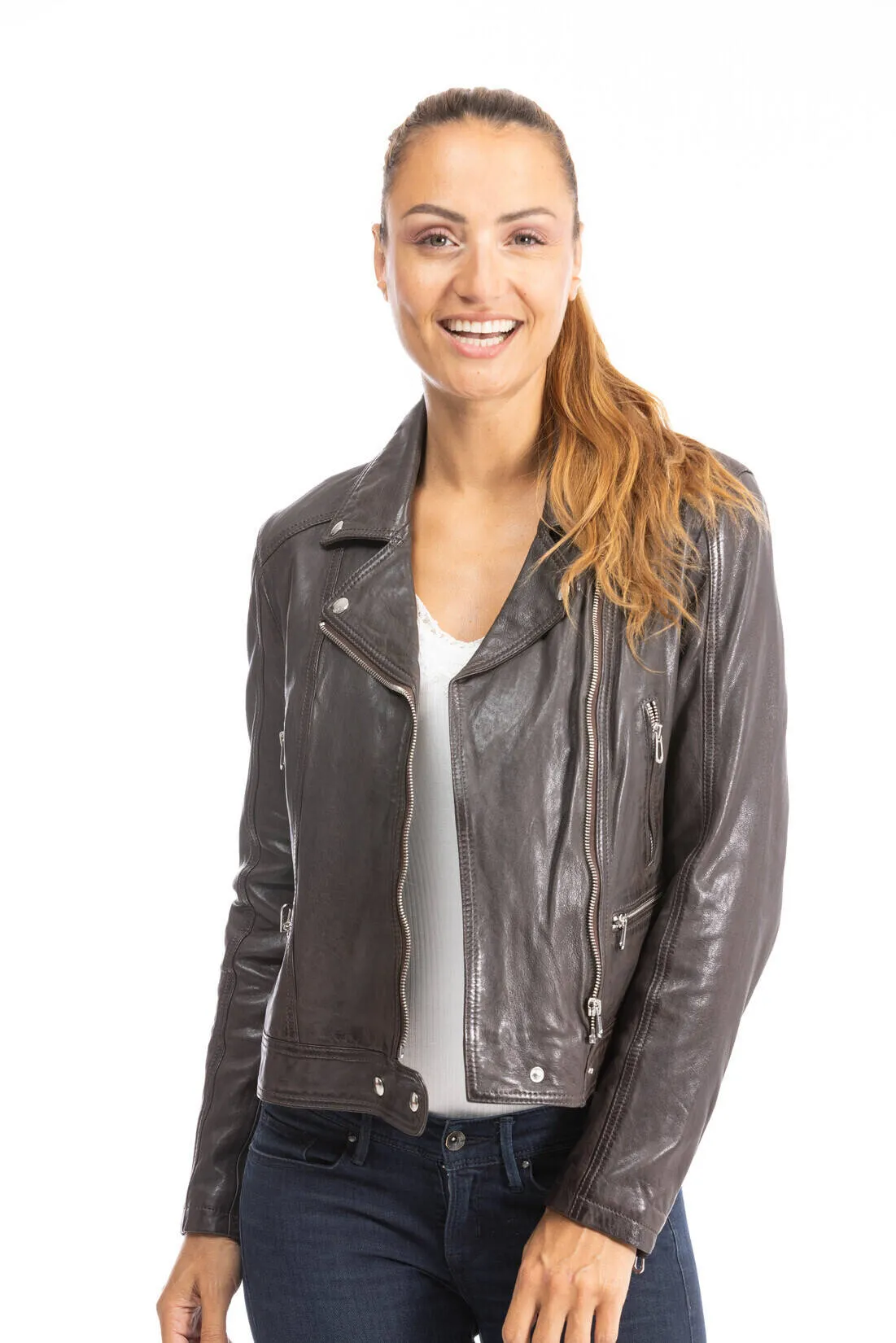 Woman leather jacket biker lamb red brown panila