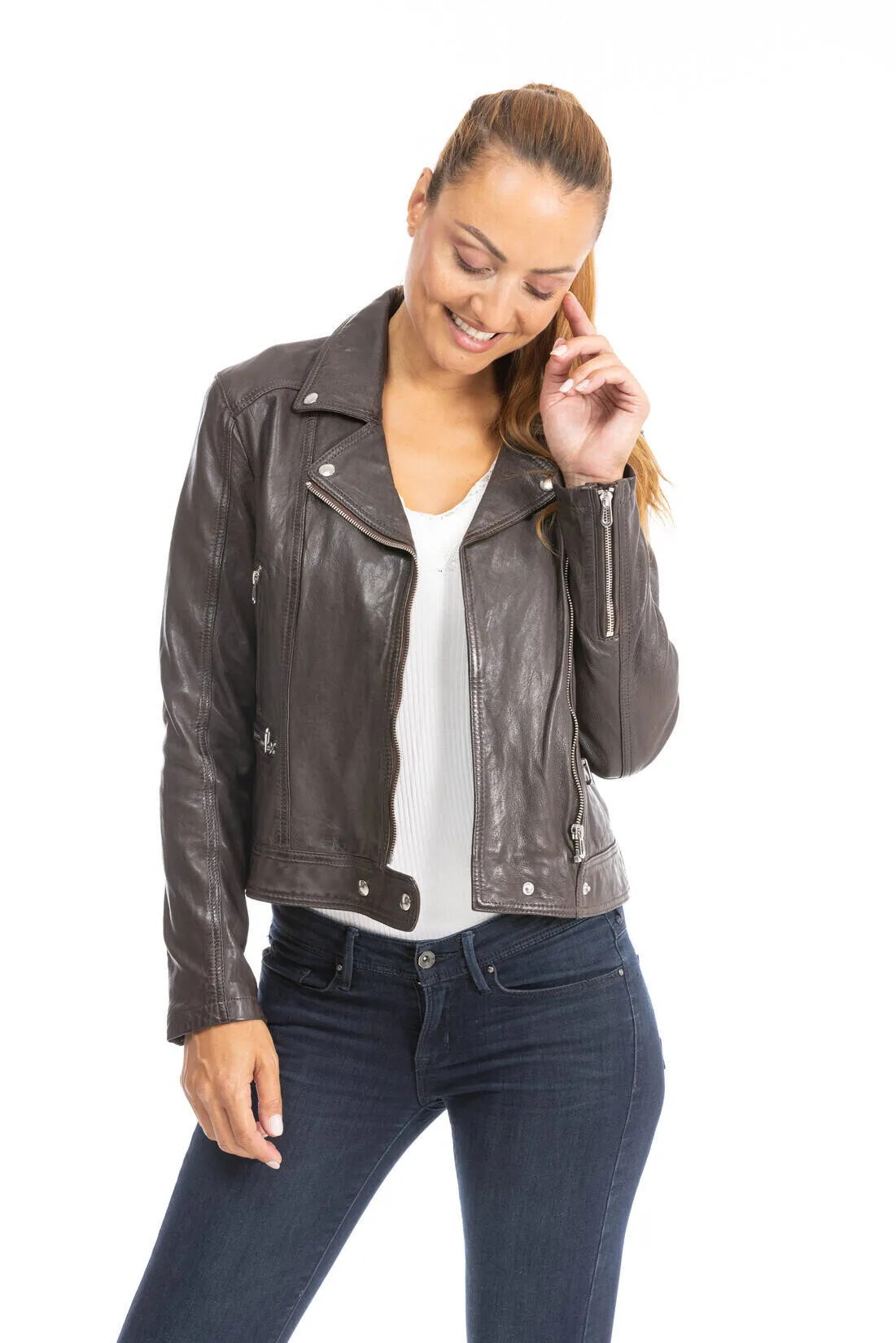 Woman leather jacket biker lamb red brown panila