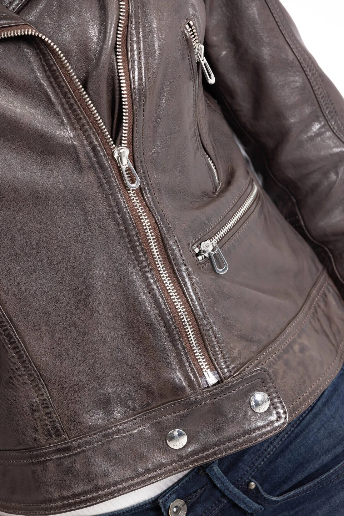 Woman leather jacket biker lamb red brown panila