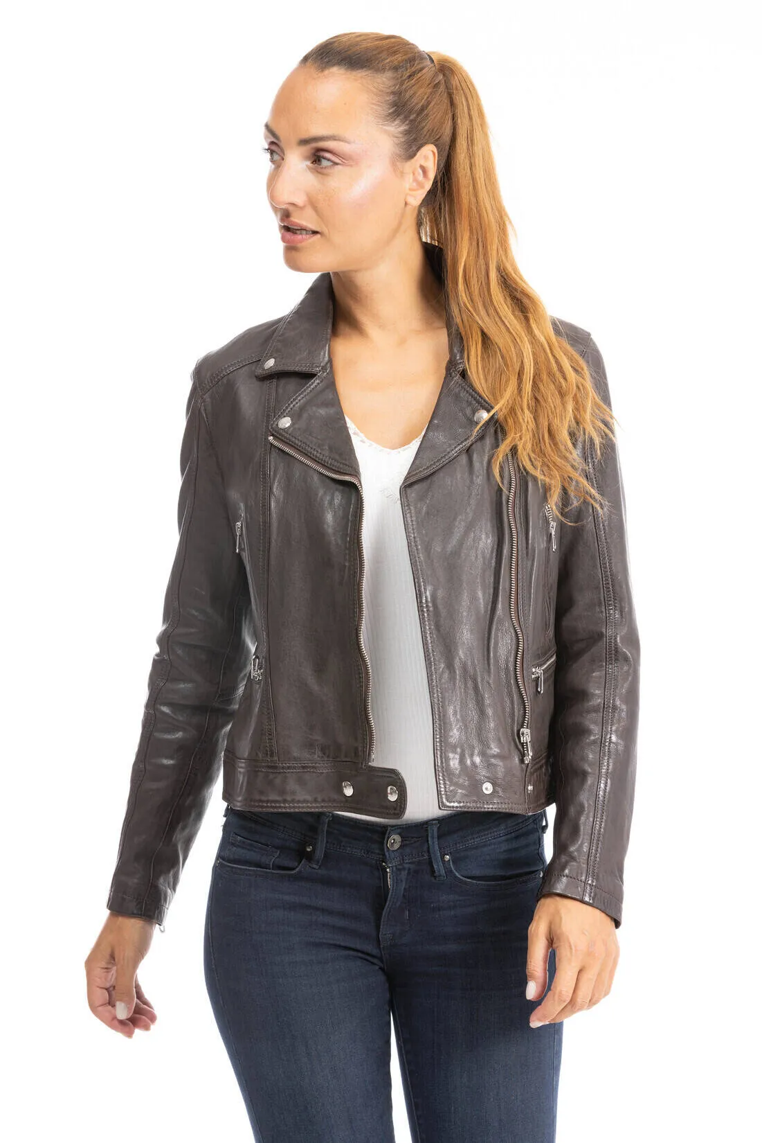 Woman leather jacket biker lamb red brown panila