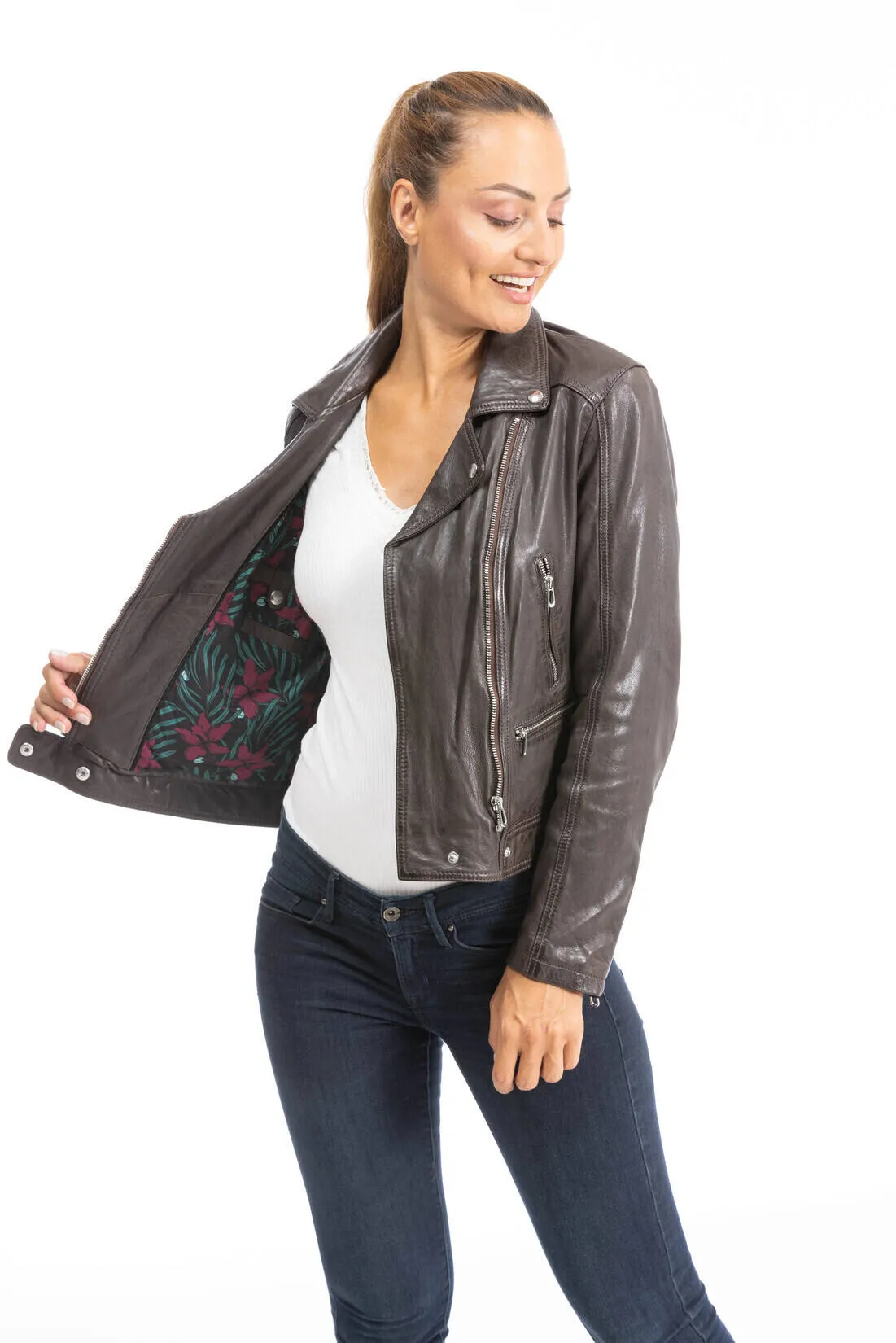 Woman leather jacket biker lamb red brown panila