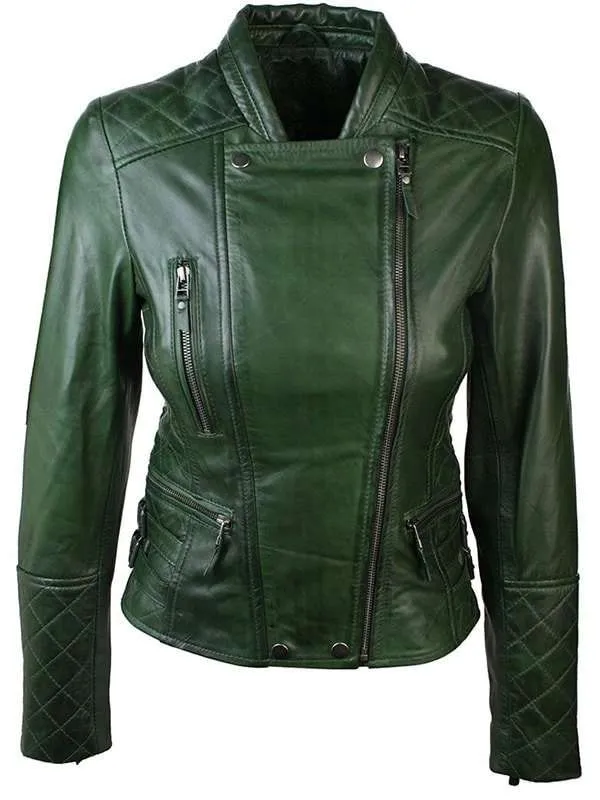 Women Double Zipper Motorcycle Quilted Green Leather Jacket