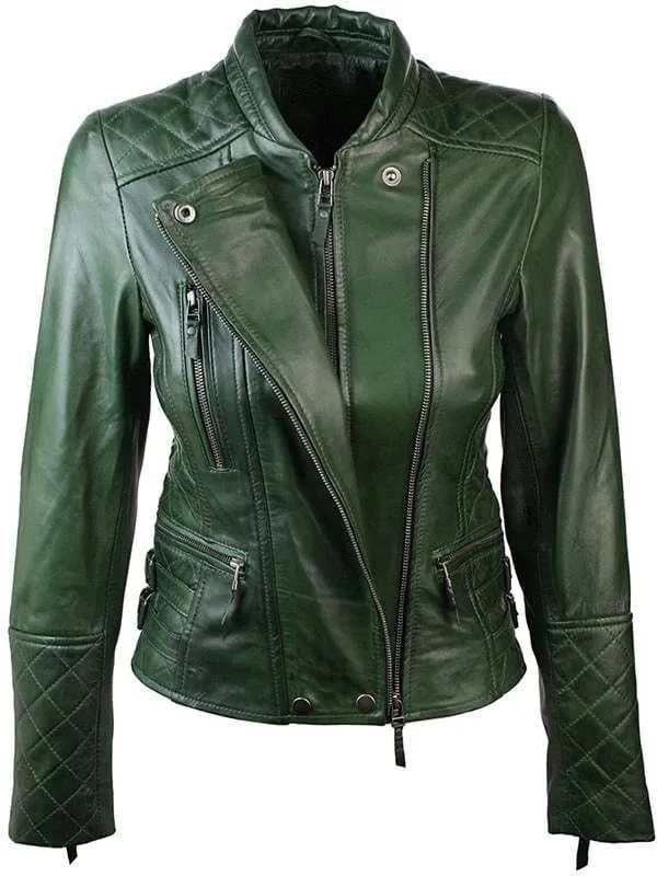 Women Double Zipper Motorcycle Quilted Green Leather Jacket