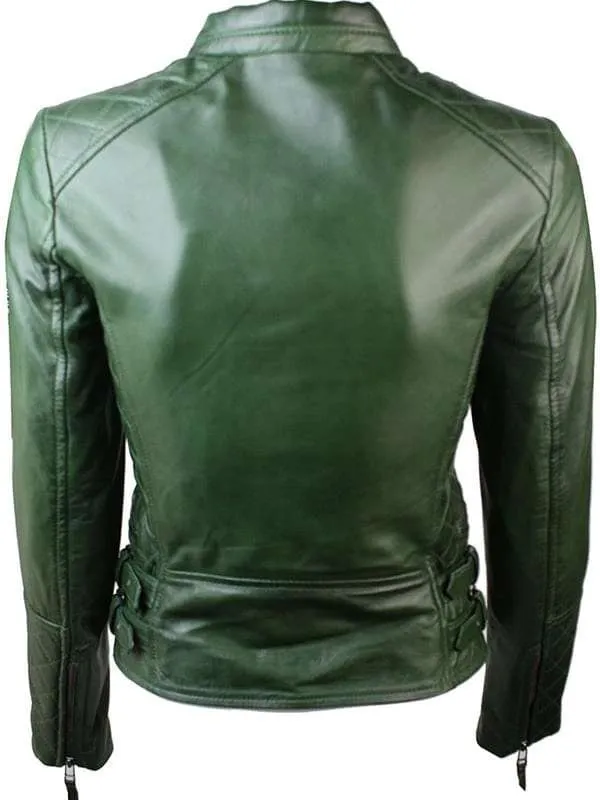 Women Double Zipper Motorcycle Quilted Green Leather Jacket