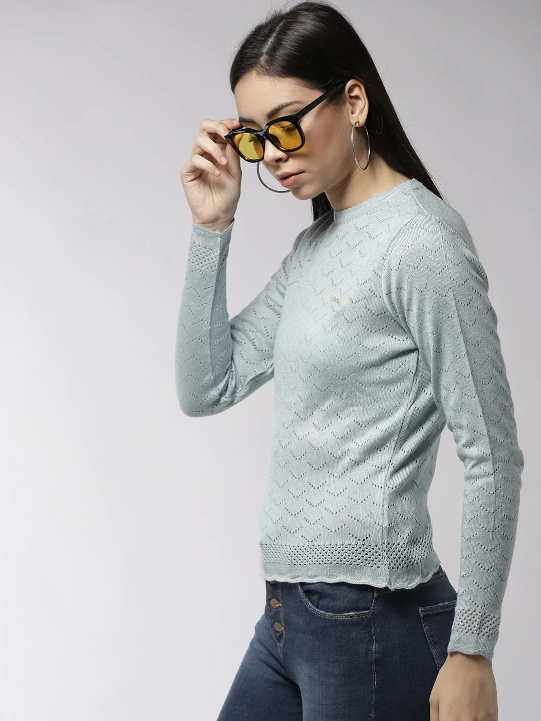 Women Self Design Blue Pullover