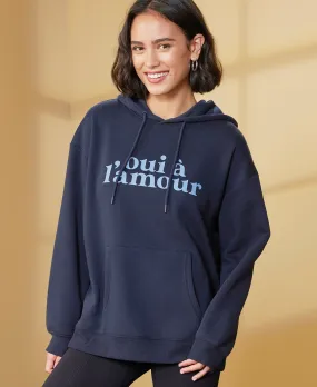 Women's Oversized Print Hoodie in Navy Slogan | Postie