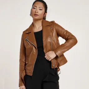 Women's Tan Leather Biker Jacket - Barneys Originals