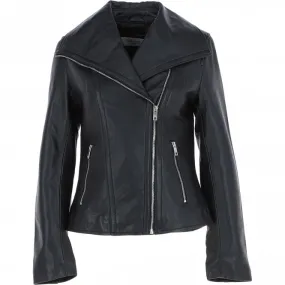 Women's Wide Fashion Collar Side Zip Leather Jacket Black: Universal