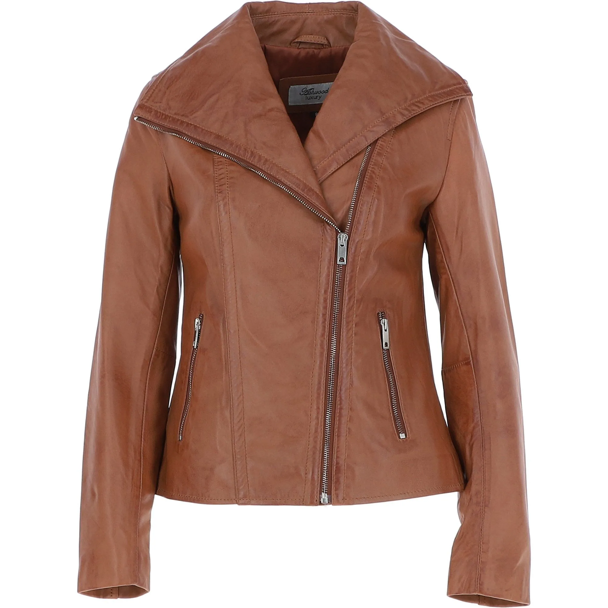 Women's Wide Fashion Collar Side Zip Leather Jacket Tan: Universal