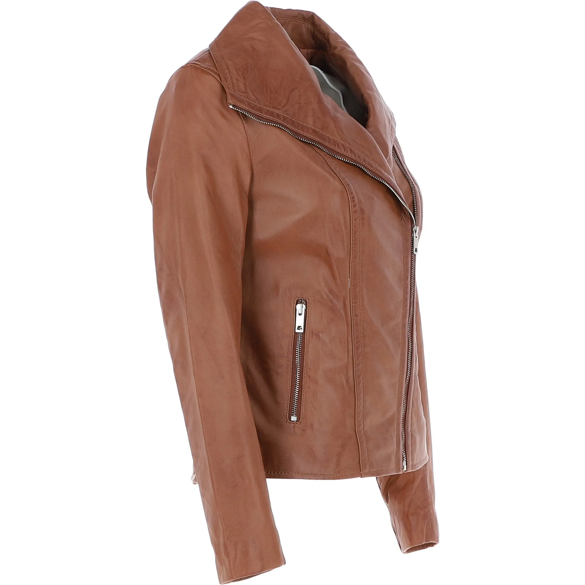 Women's Wide Fashion Collar Side Zip Leather Jacket Tan: Universal